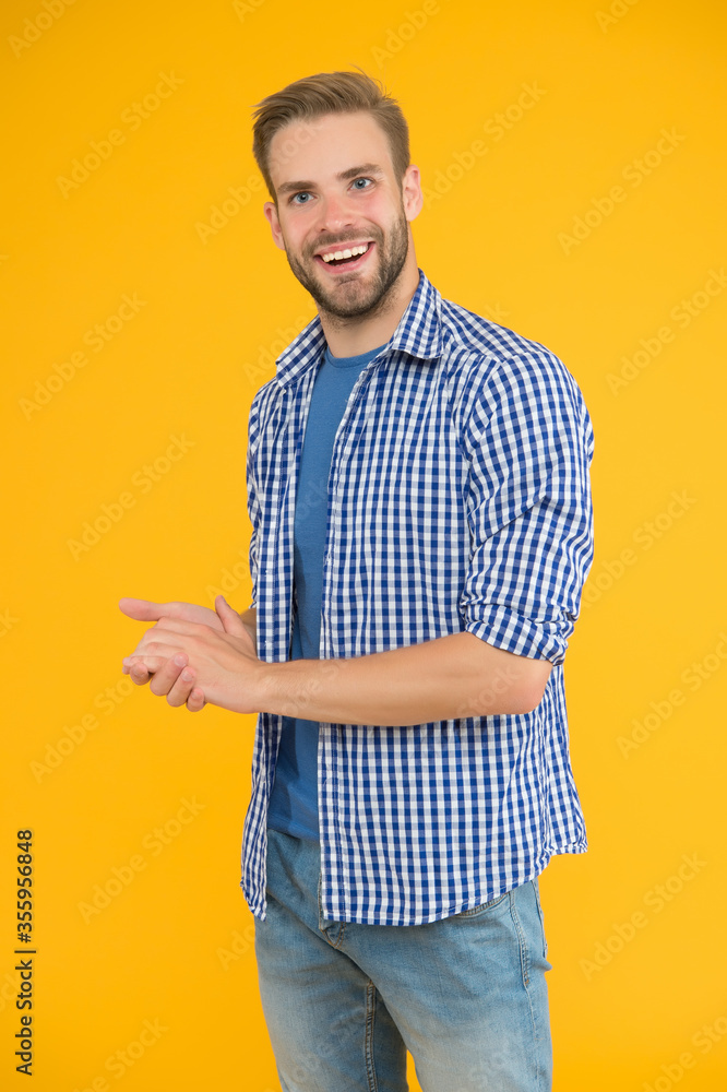 Giving man sense of style. Stylish guy yellow background. Happy man in casual style. Mens fashion. Style trends. Everyday wardrobe. Menswear store. Keeping your style trendy Giving man sense of style. Stylish guy yellow background. Happy man in casual style. Mens fashion. Style trends. Everyday wardrobe. Menswear store. Keeping your style trendy