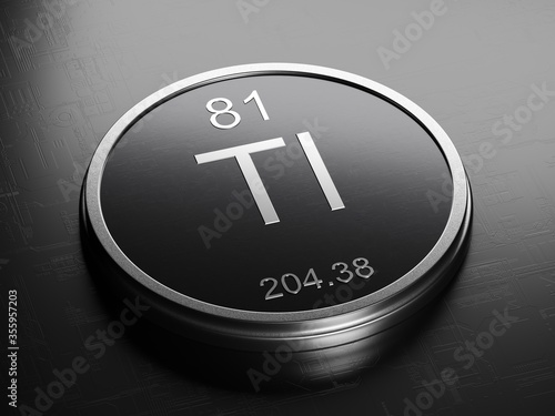Thallium element from periodic table on futuristic round shiny metallic icon 3D render