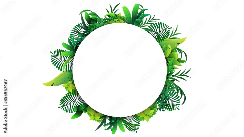 A round frame of tropical leaves around a white empty circle. Template of a border made of tropical elements A round frame of tropical leaves around a white empty circle. Template of a border made of tropical elements