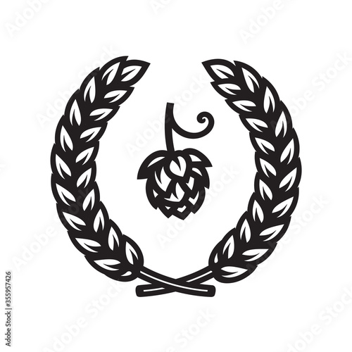 Wreath of wheat or barley ears and hop cone. Design element for beer prodaction, brewery