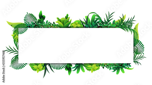 Horizontal frame of tropical leaves around a white empty rectangle. Layout of a border made of tropical elements