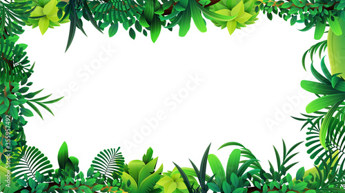A frame of tropical leaves around a white empty space. Layout of a frame made of tropical elements for your creativity