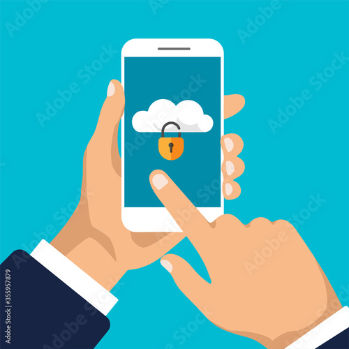 Smartphone with locked cloud storage on a screen. File protection. Data security and privacy concept on a phone display. Safe confidential information. Vector illustration.	