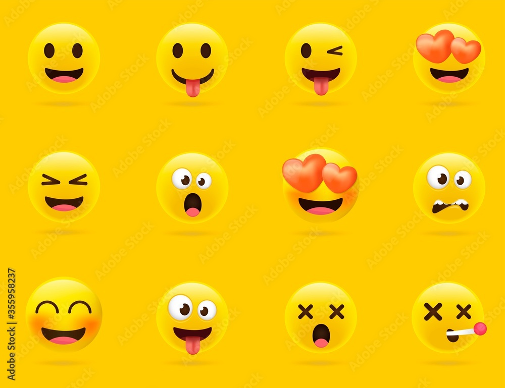 Cartoon emoji collection. Set of emoticons with different mood. 3d style vector illustration isolated on yellow background. Cartoon emoji collection. Set of emoticons with different mood. 3d style vector illustration isolated on yellow background.