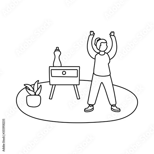 eldery woman practicing exercise in home activity line style