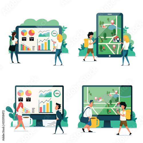 Modern vector illustration flat concepts decorated people characters. Set of social media marketing, business, travel, online shopping, and business project. 