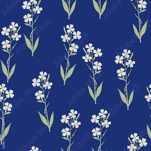 Seamless floral pattern with branches of white flowers. Hesperis Alba. Dame's Rocket. Sweet Rocket.