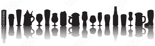 Silhouette of different beer glasses and mugs with transparent reflection. Seamless border.