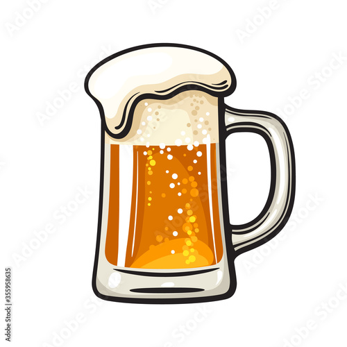 Big mug of beer with foam and bubbles. Hand drawn vector illustration isolated on white background.