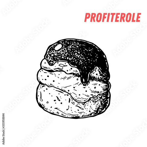 French dessert profiterole sketch. French pastries . Food menu design template. Hand drawn sketch vector illustration.
