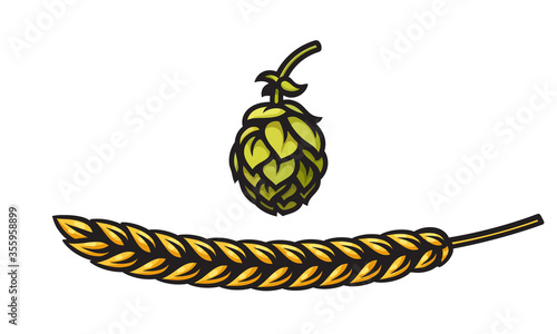 Beer hop cone and barley or wheat ear icons. Design element for beer prodaction, brewery, pub and bar