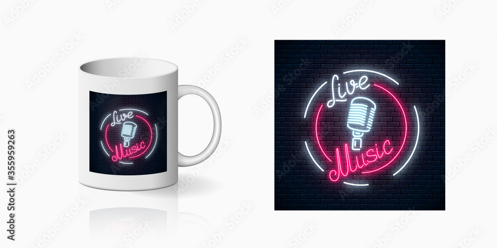 Neon sign of bar with live music for cup design. Advertising glowing signboard of sound cafe with retro microphone design, banner in neon style on mug mockup. Vector shiny design element.