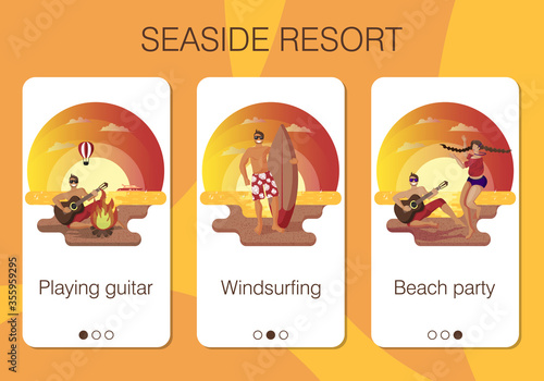 Set of vector mobile app pages on theme summer beach holidays. Sea and sandy beach on sunset. Performances of singers, beach parties and windsurfing. Flat cartoon vector. Design of mobile screens photo