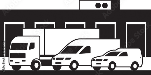 Cargo vehicles and warehouse – vector illustration