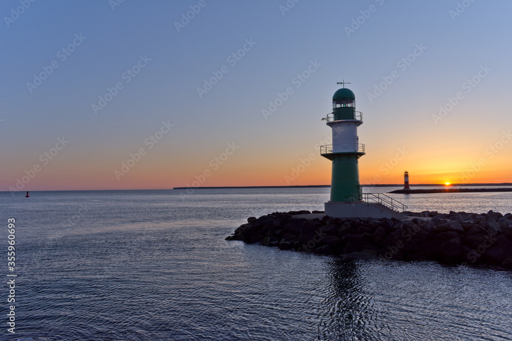 Lighthouse at Warnemünde Port While Sunrise, Rostock, Baltic Sea, Mecklenburg Western Pomerania, Germany, Europe