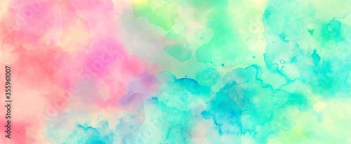 Panel kuchenny z motywem Watercolor background in blue pink and green colors, colorful painted background texture in abstract sunset or sunrise sky illustration