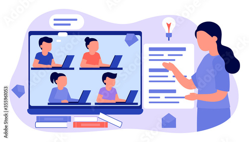 Learn from distance with teacher, online education. Kids boy and girl is sitting on laptop and studying lesson. Child learns remotely. Home school, web e-learning, knowledge concept. Vector flat style