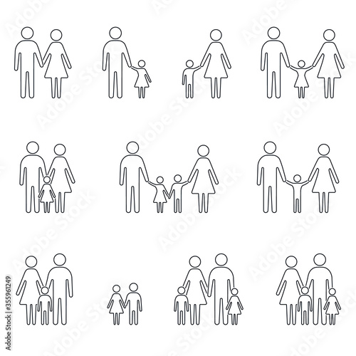 Family icon line set, father mother daughter son hold hands isolated Vector illustration