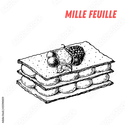 French dessert mille feuille sketch. French pastries . Food menu design template. Hand drawn sketch vector illustration.