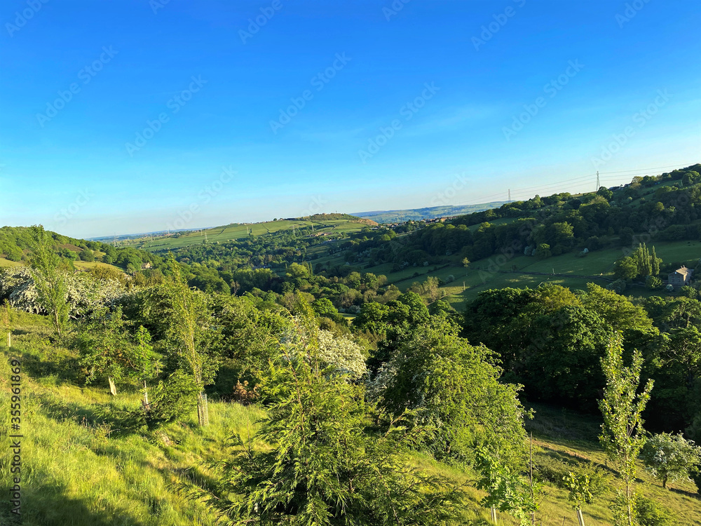 Landscape view over Shibden Valley toward Halifax, UK