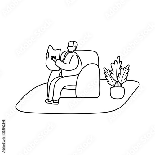 eldery man reading newspaper in home activity line style