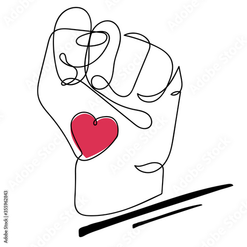 Continuous line drawing of strong fist raised up, with small red heart icon on it. One line drawing vector illustration of human arm. Concept of protest, equality, fight for human rights. Stop racism