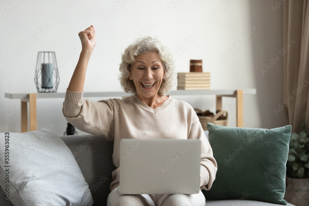 Overjoyed surprised senior woman sit on couch at home feel euphoric winning online lottery on laptop, excited elderly female triumph reading good unexpected message or news on computer gadget Overjoyed surprised senior woman sit on couch at home feel euphoric winning online lottery on laptop, excited elderly female triumph reading good unexpected message or news on computer gadget