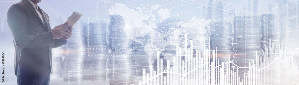 Future Financial Technology Interface. Graph Stock Market chart. World map on virtual screen. Website Banner. Future Financial Technology Interface. Graph Stock Market chart. World map on virtual screen. Website Banner.