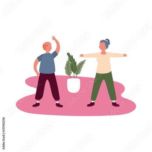 eldery couple practicing exercise in home activity free form style