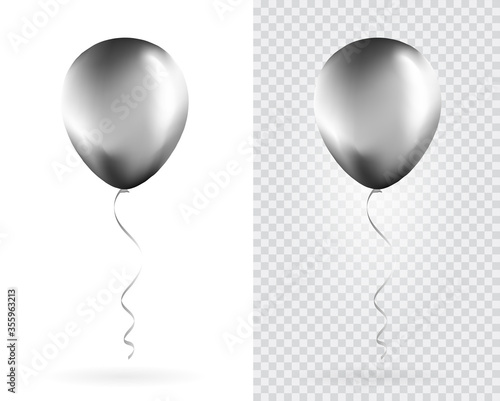 Set of Silver balloons on transparent white background. Party Balloons event design decoration. Mockup for balloon print. Vector.