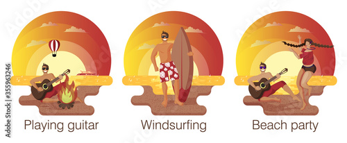 Set of illustrations on theme summer beach holidays. Sea and sandy beach on sunset. Summer activities and entertainments