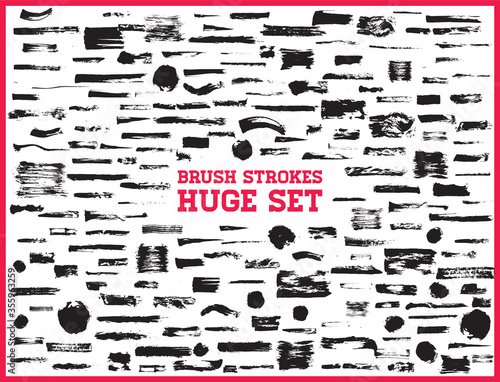 Huge set of black brush strokes. Paint, ink, brushes, lines, grunge. Dirty Art design elements. Freehand drawing. Vector. Isolated on white background.
