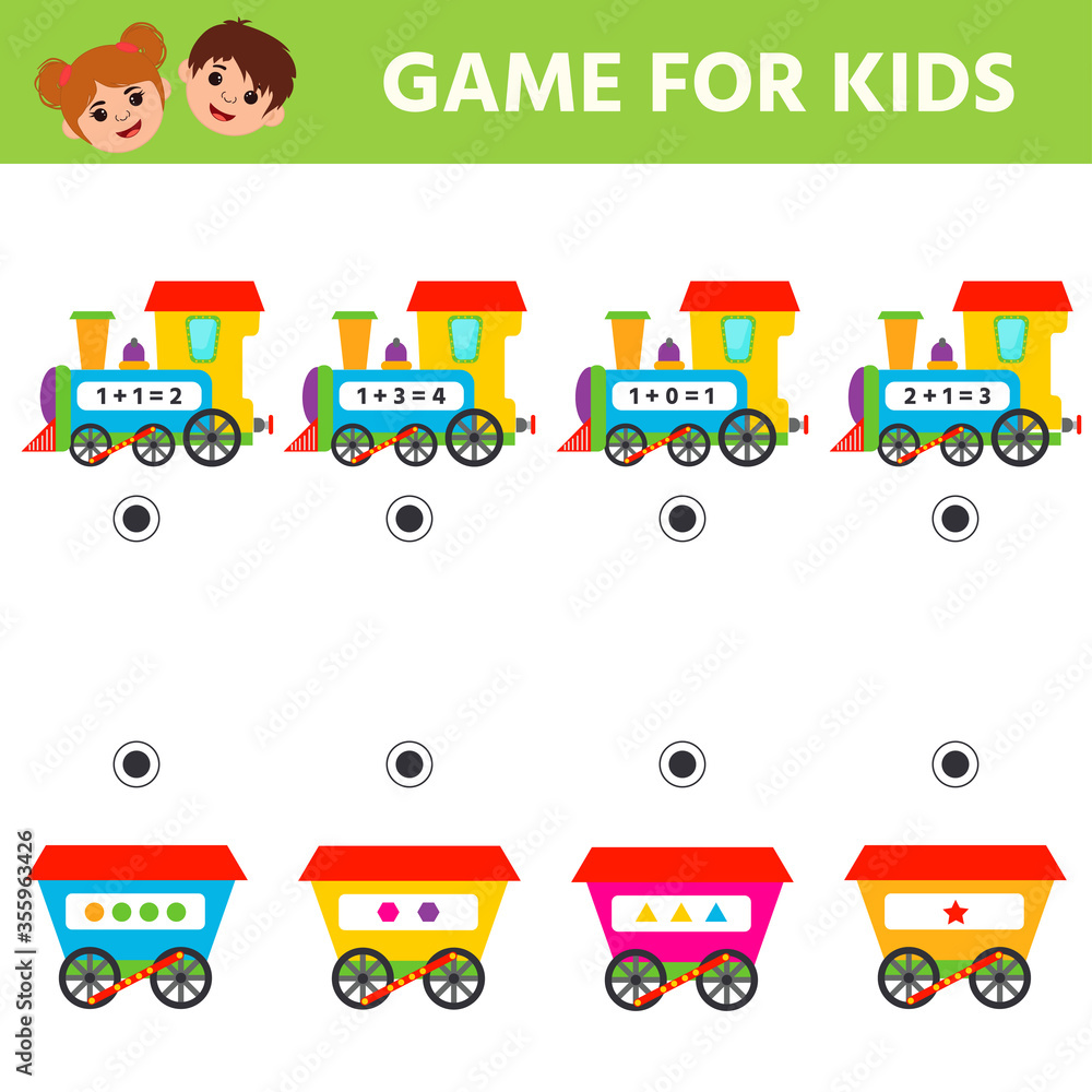 Game for kids. Educational page for children on addition and subtraction. Train. Printable worksheet activity. Trains attention and concentration. Vector illustration Game for kids. Educational page for children on addition and subtraction. Train. Printable worksheet activity. Trains attention and concentration. Vector illustration