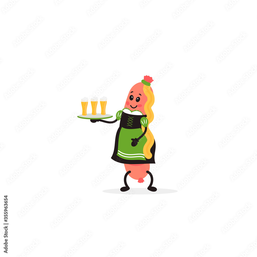 Obraz premium Cute kawaii sausage with beer tray. Octoberfest. Vector cartoon illustration for postcard, banner, flyer, stickers, advertising