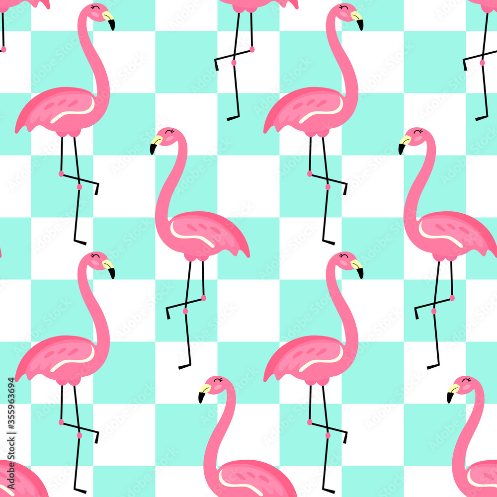 Obraz premium Vector seamless tropical pattern with cute pink flamingo on turquoise background. Minimalistic trendy background of beautiful exotic birds. Backdrop for textile, prints, decoration, fabric