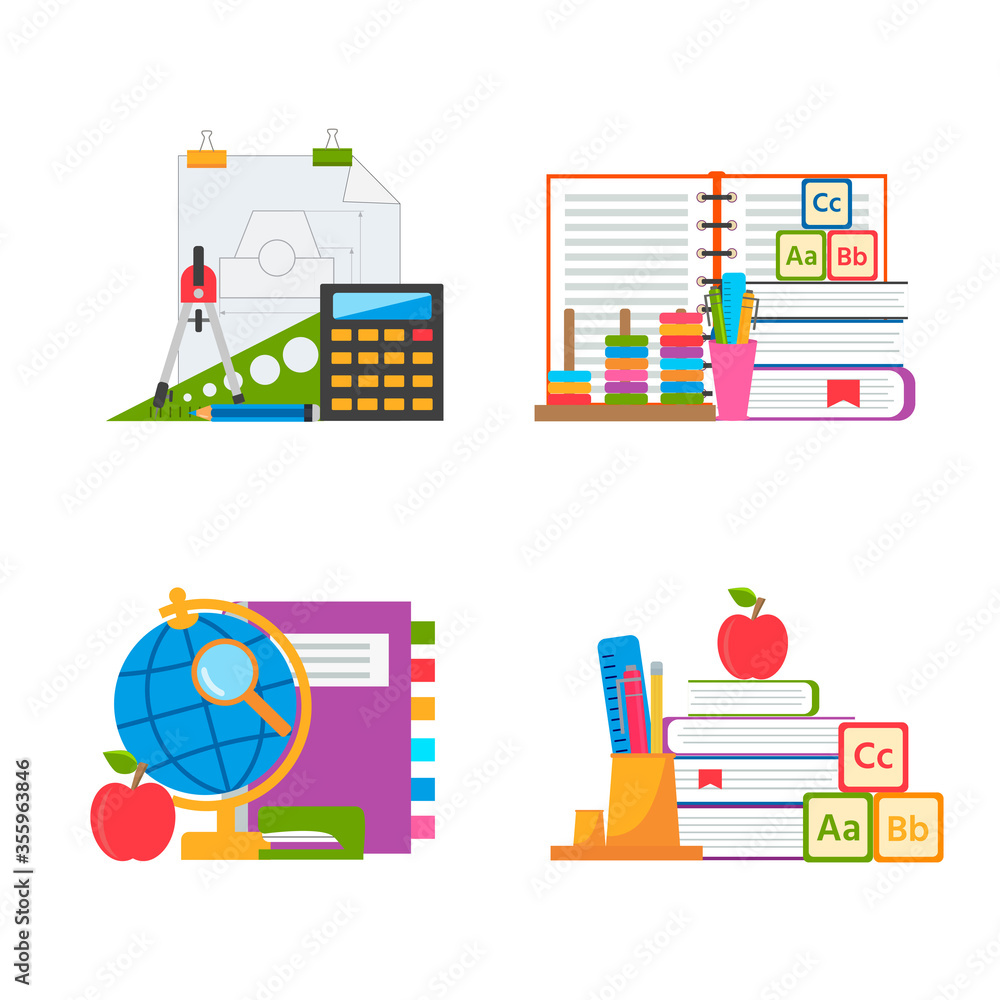 Back to school Concept. Compositions of Different school supplies, icon set. Vector illustration for banner, web page, flayer, advertising
