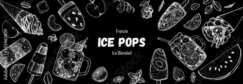 Popsicle ice cream, hand drawn vector illustration. Ice tea and ice cream. Summer food and drink. Sketch illustration for menu design. Ice pops collection.