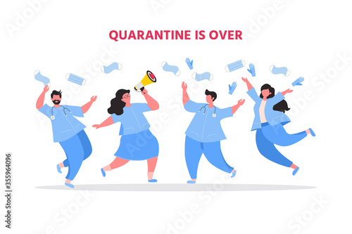 Doctors, nurses and medical staff tossing their face medical masks. We defeated Coronavirus. Pandemic end concept. Quarantine is over. Vector illustration