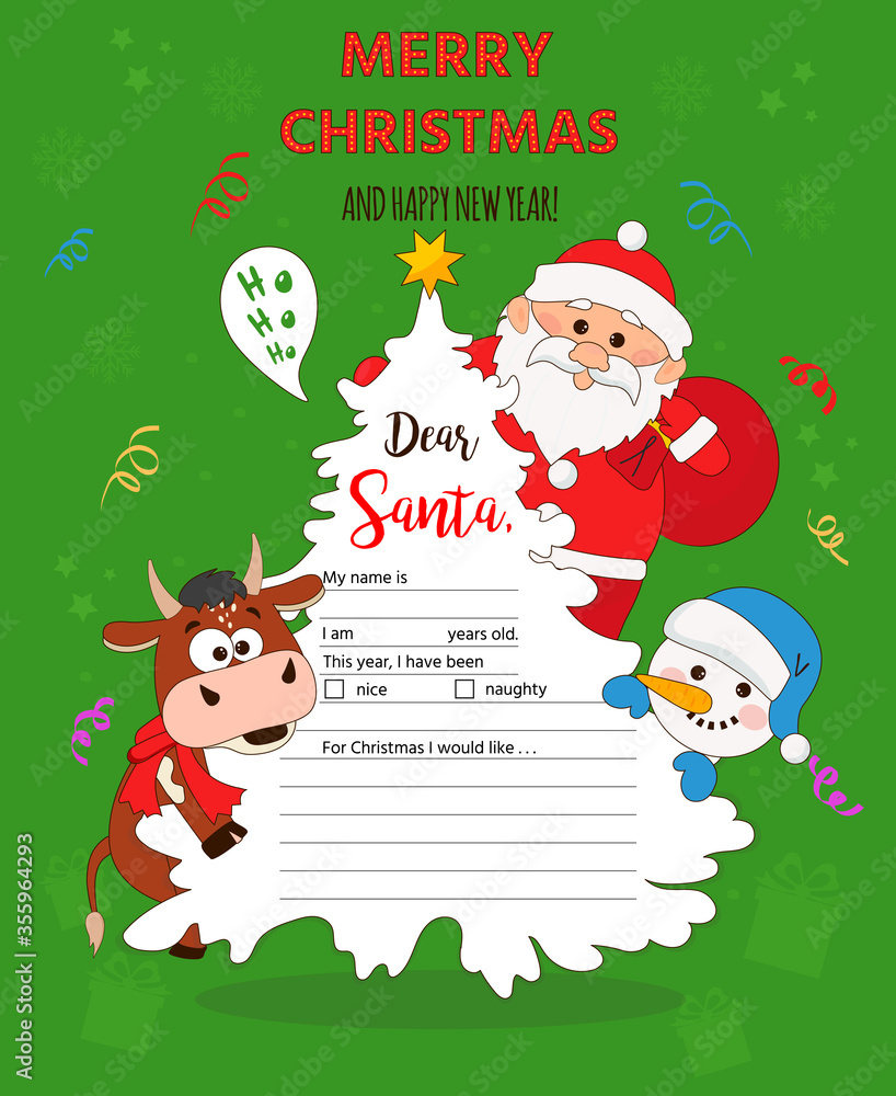 letter to Santa template with symbol of 2021 - bull, snowman and santa. Printable page for wish list on New Year. Christmas illustration letter to Santa template with symbol of 2021 - bull, snowman and santa. Printable page for wish list on New Year. Christmas illustration