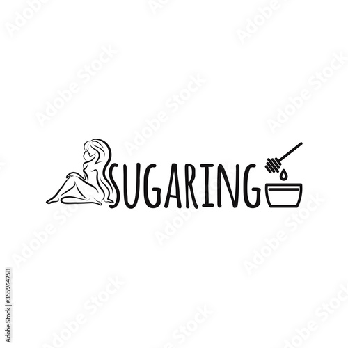Beautiful female shugaring  logo design. Suitable for shugaring salon. Body hair removal. Natural cold wax in jar with spatula. Vector illustration for banner, web page, flayer, advertising