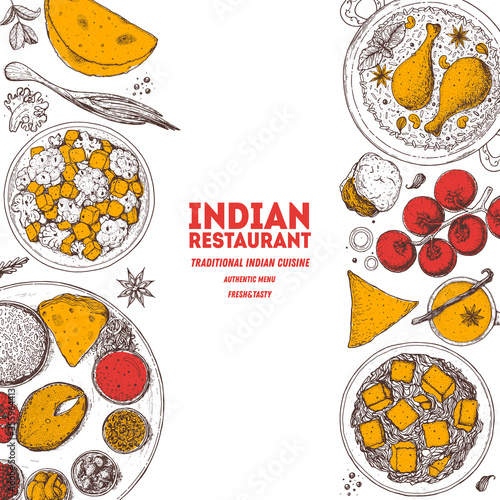 Indian food illustration. Hand drawn sketch. Vector illustration. Menu background. Engraved style.