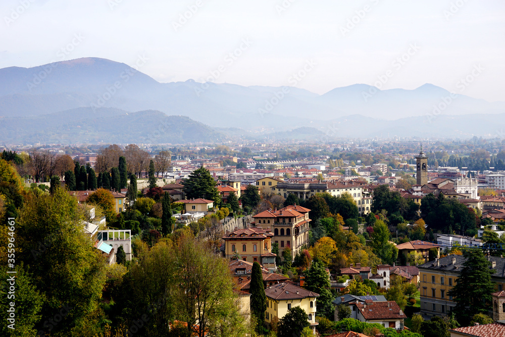 Landscape view of medieval old city Bergamo, Italy.