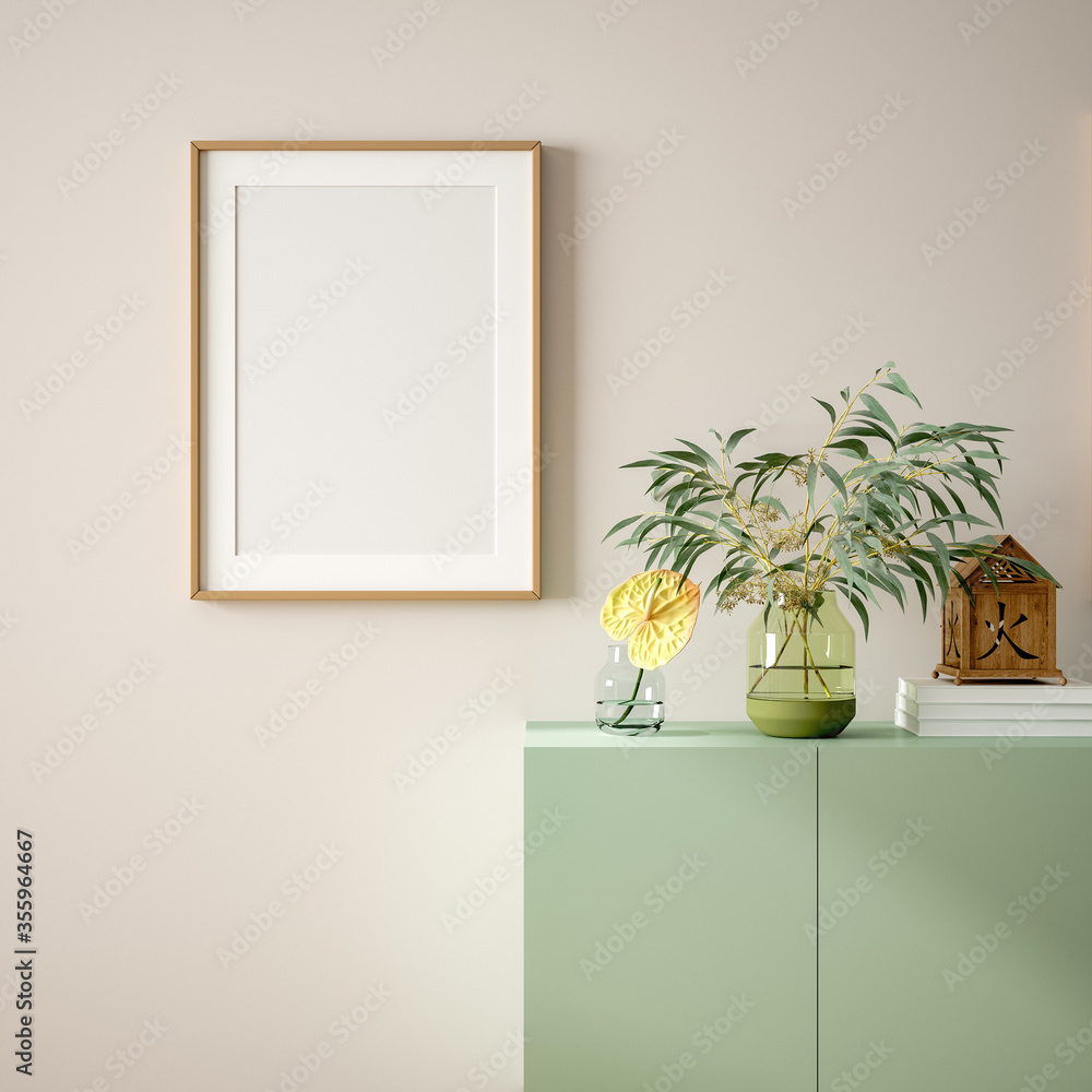 Mockup poster close up in home interior background, 3d render Mockup poster close up in home interior background, 3d render