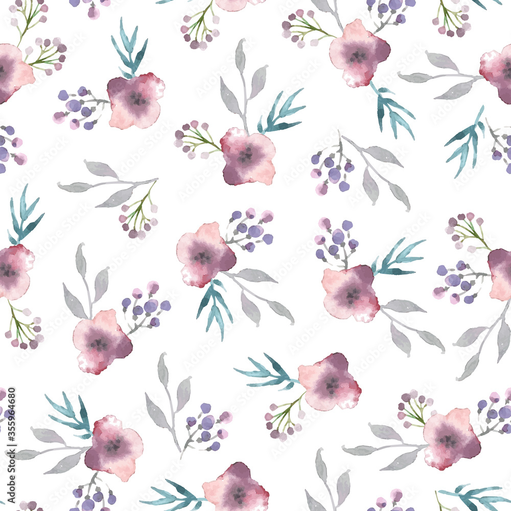 Vector watercolor seamless pattern with flowers and branches.