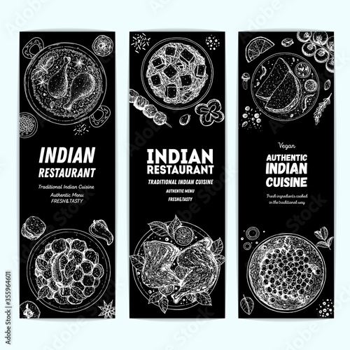 Indian food illustration. Hand drawn sketch. Indian cuisine. Banner set. Vector illustration. Menu background. Engraved style.