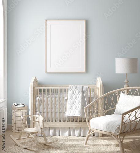 Mock up frame in boy nursery with natural wooden furniture, 3D render photo