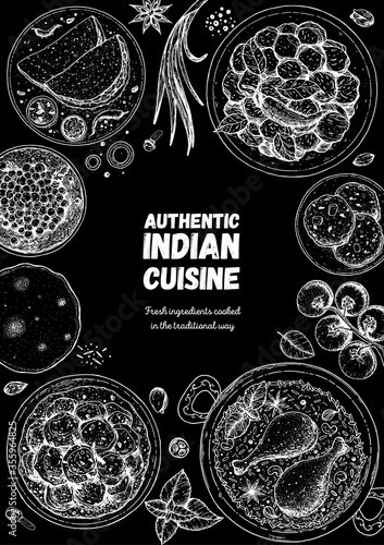 Indian food illustration. Hand drawn sketch. Indian cuisine. Doodle collection. Vector illustration. Menu background. Engraved style.