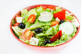 Vegetable salad on the plate, tomatoes, green salad, cheese, lemon and olive, other vegetables.