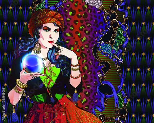 Portrait of a brunette fortuneteller in stole with a magic crystal ball in her hand. A woman is in a vintage oriental costume, abstract background with silhouettes of mystical characters.