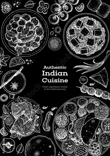 Indian food illustration. Hand drawn sketch. Indian cuisine. Doodle collection. Vector illustration. Menu background. Engraved style.